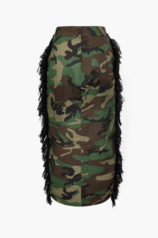 Camo Fringe Split Midi Skirts