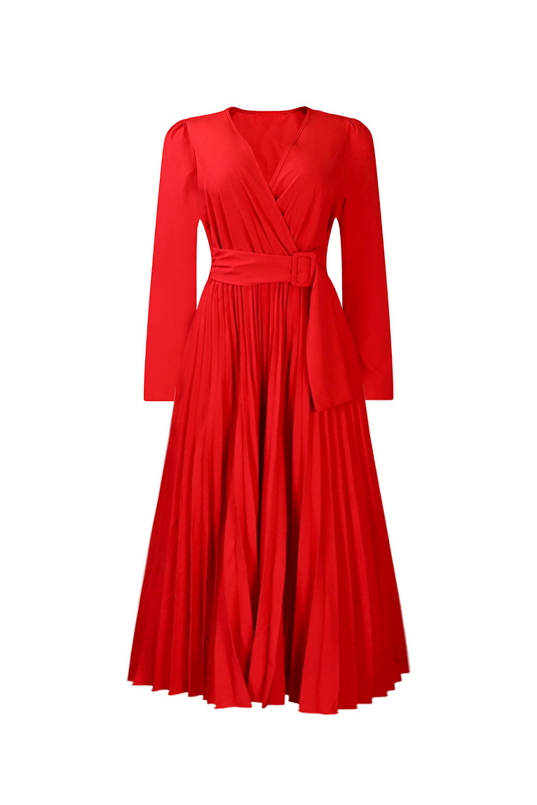 V Neck Long Sleeve Pleated Midi Dress