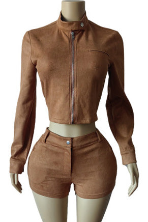 Long Sleeve Stretch Suede Shorts Set