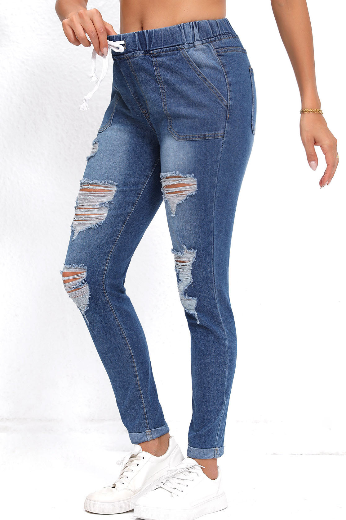 Drawstring Waist Ripped Roll Up Hem Skinny Jeans