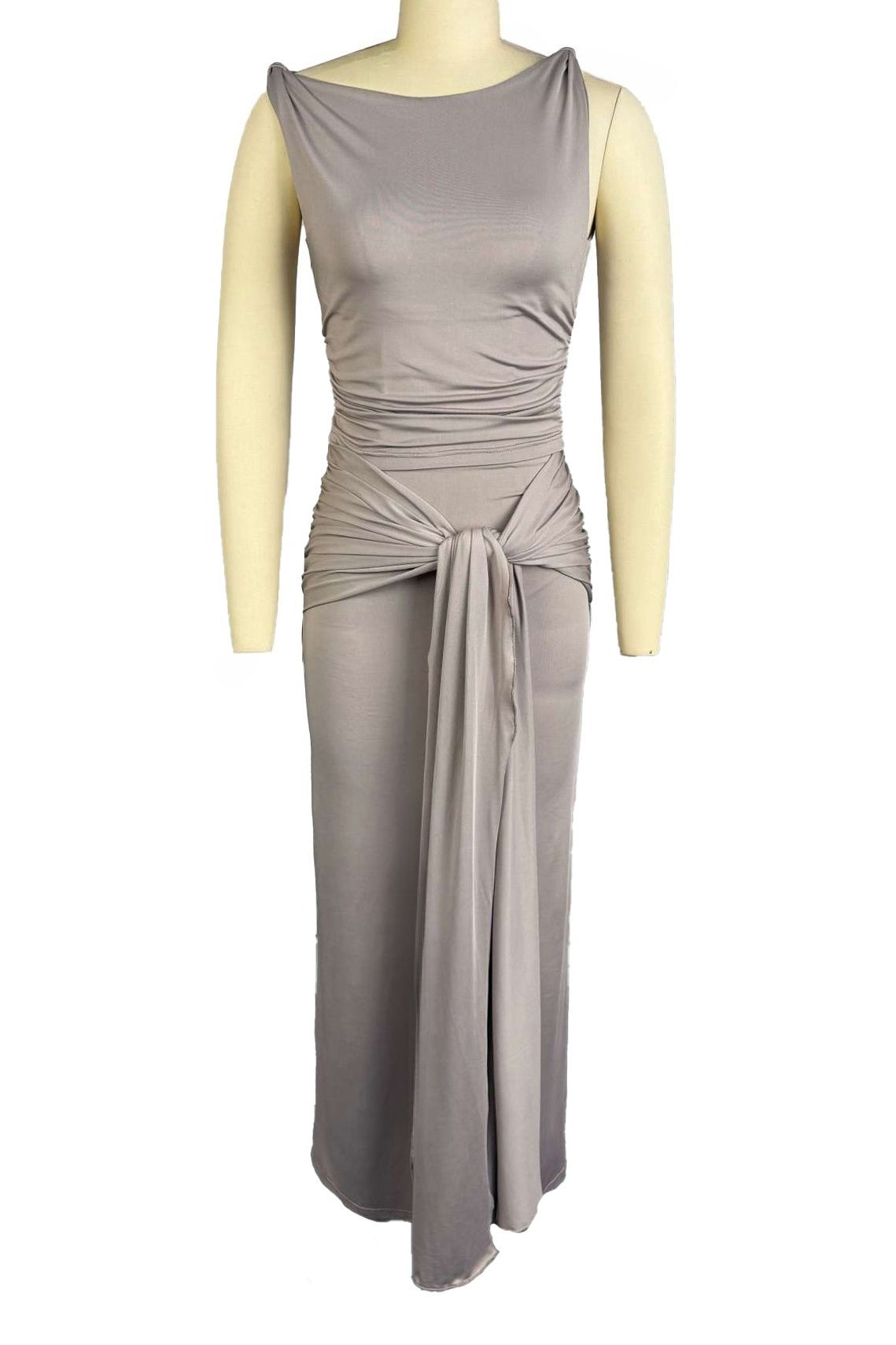 Draped Knot-Front Ruched Maxi Dress