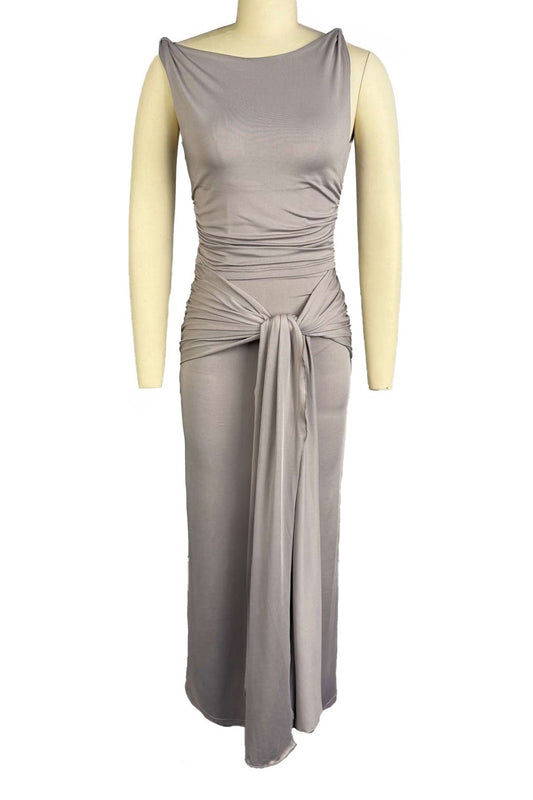Draped Knot-Front Ruched Maxi Dress
