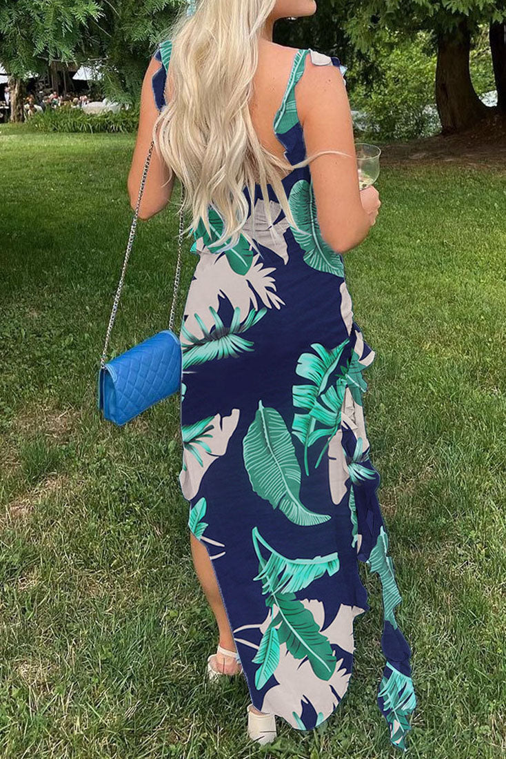 Long Strapless Dress With Slits and Tropical Print