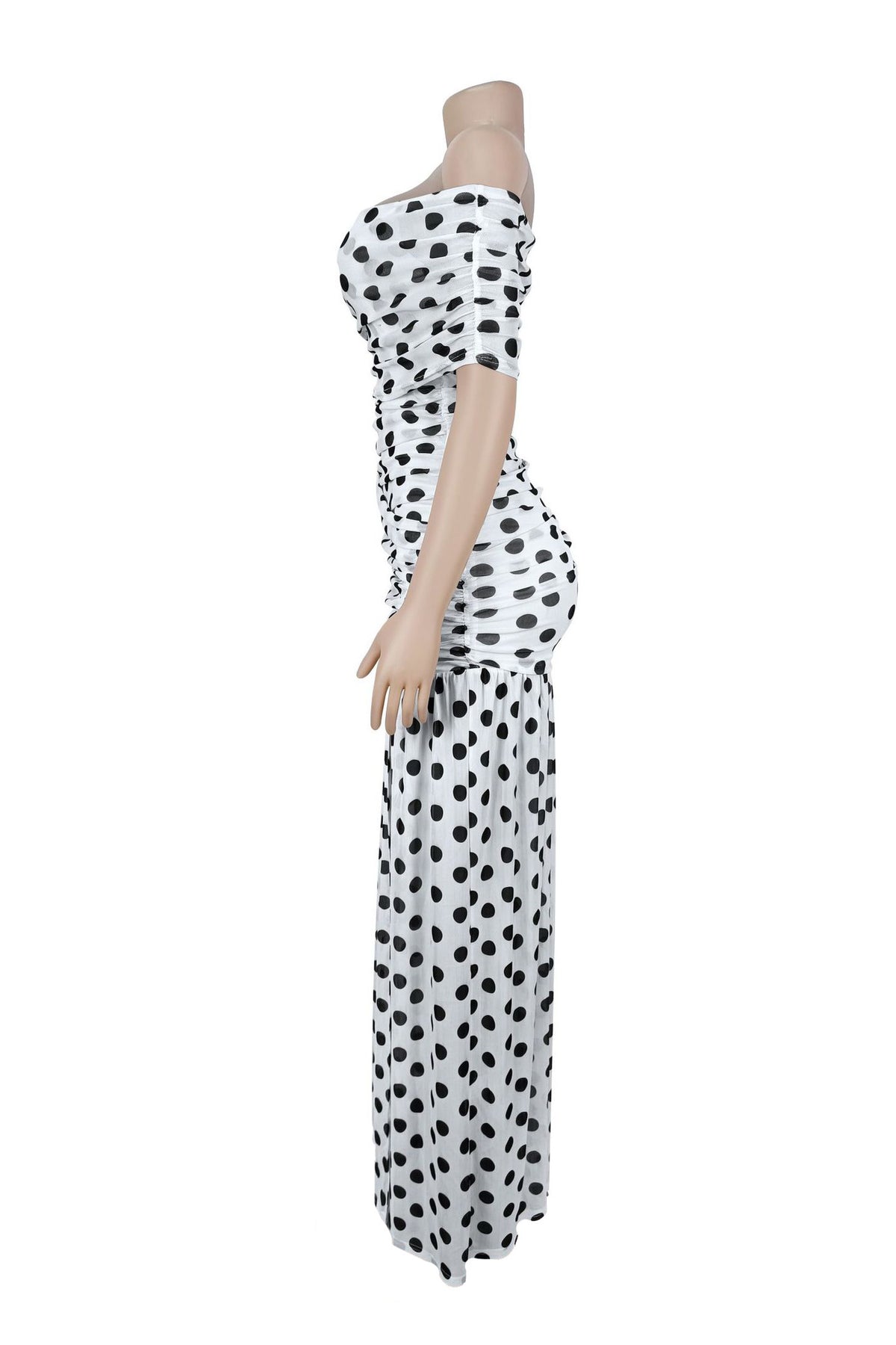 Off-Shoulder Polka Dot Ruched Maxi Dress