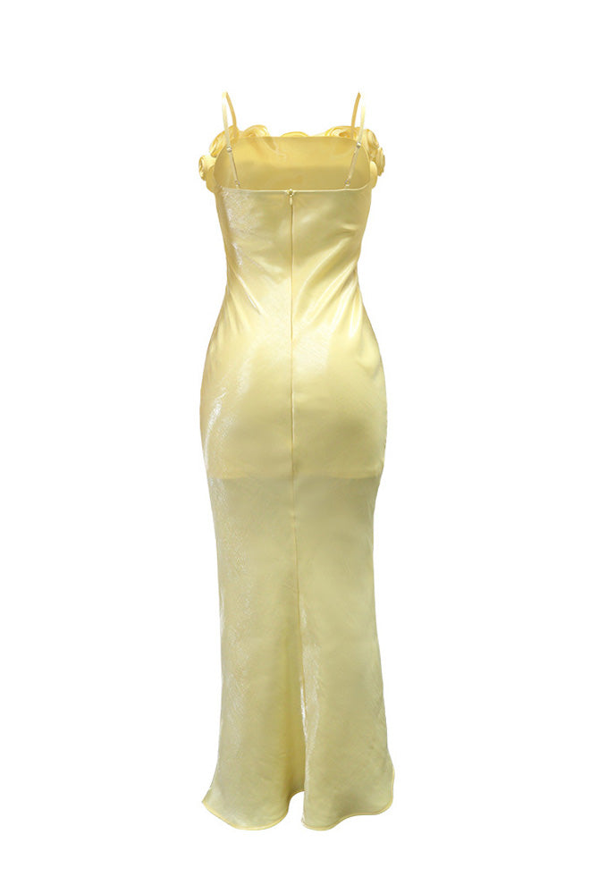 3D Floral Rosette Satin Maxi Dress