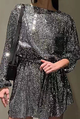 Sequin Tie Waist Long Sleeve Mini Dress