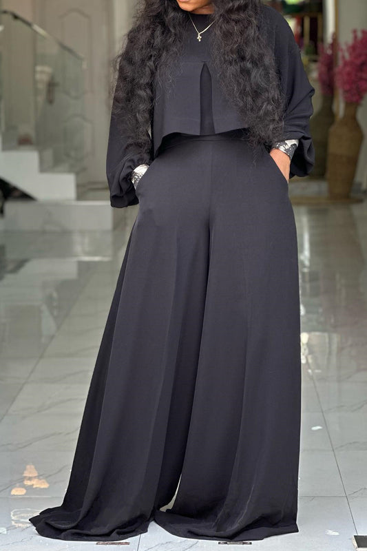 Plus Size Lantern Sleeve Wide Leg Pant Set