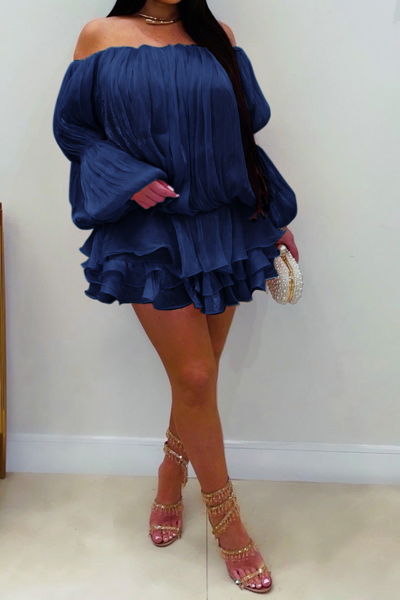 Plisse Off-Shoulder Tiered Mini Dress