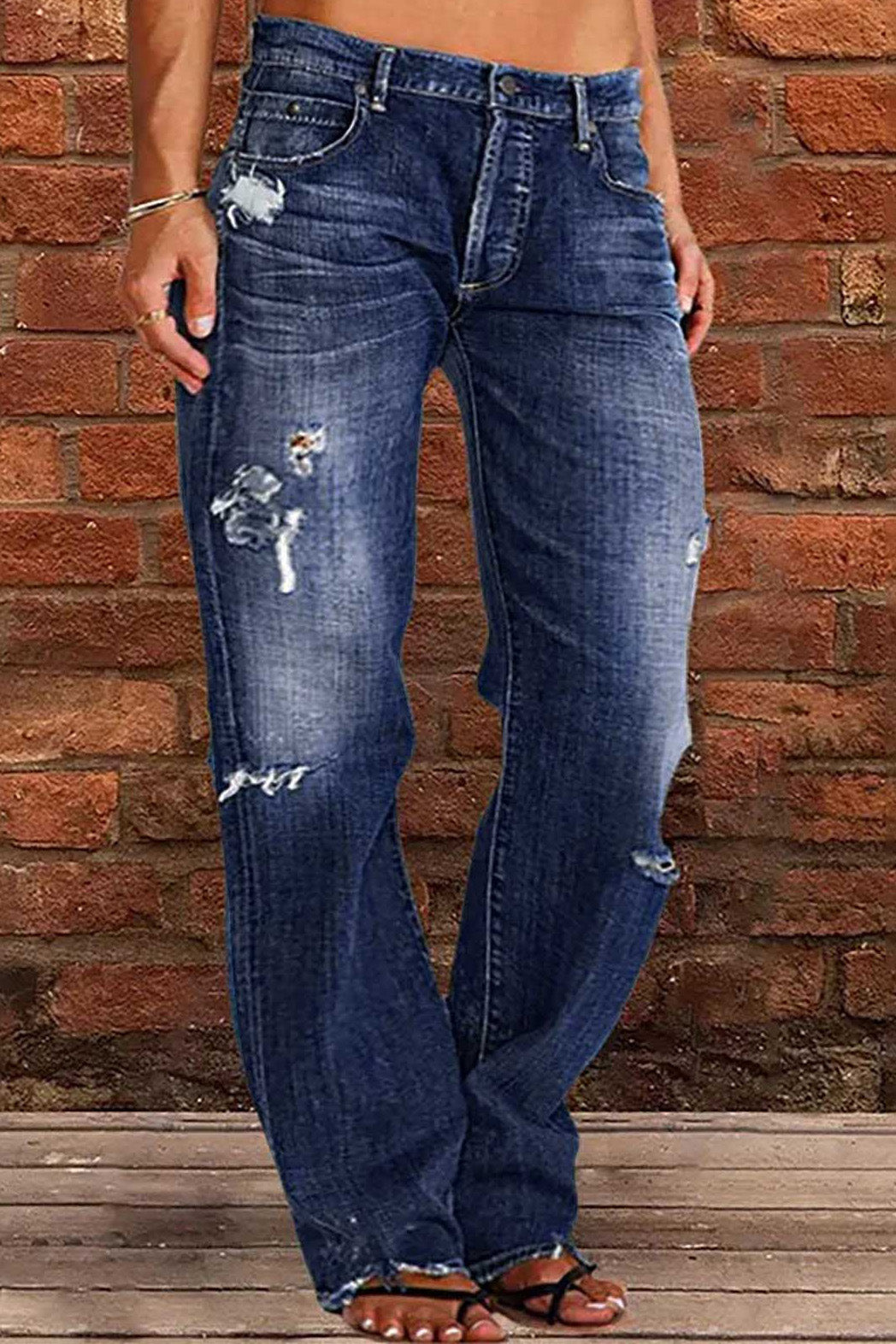 Distressed Mid-Rise Straight Leg Jeans