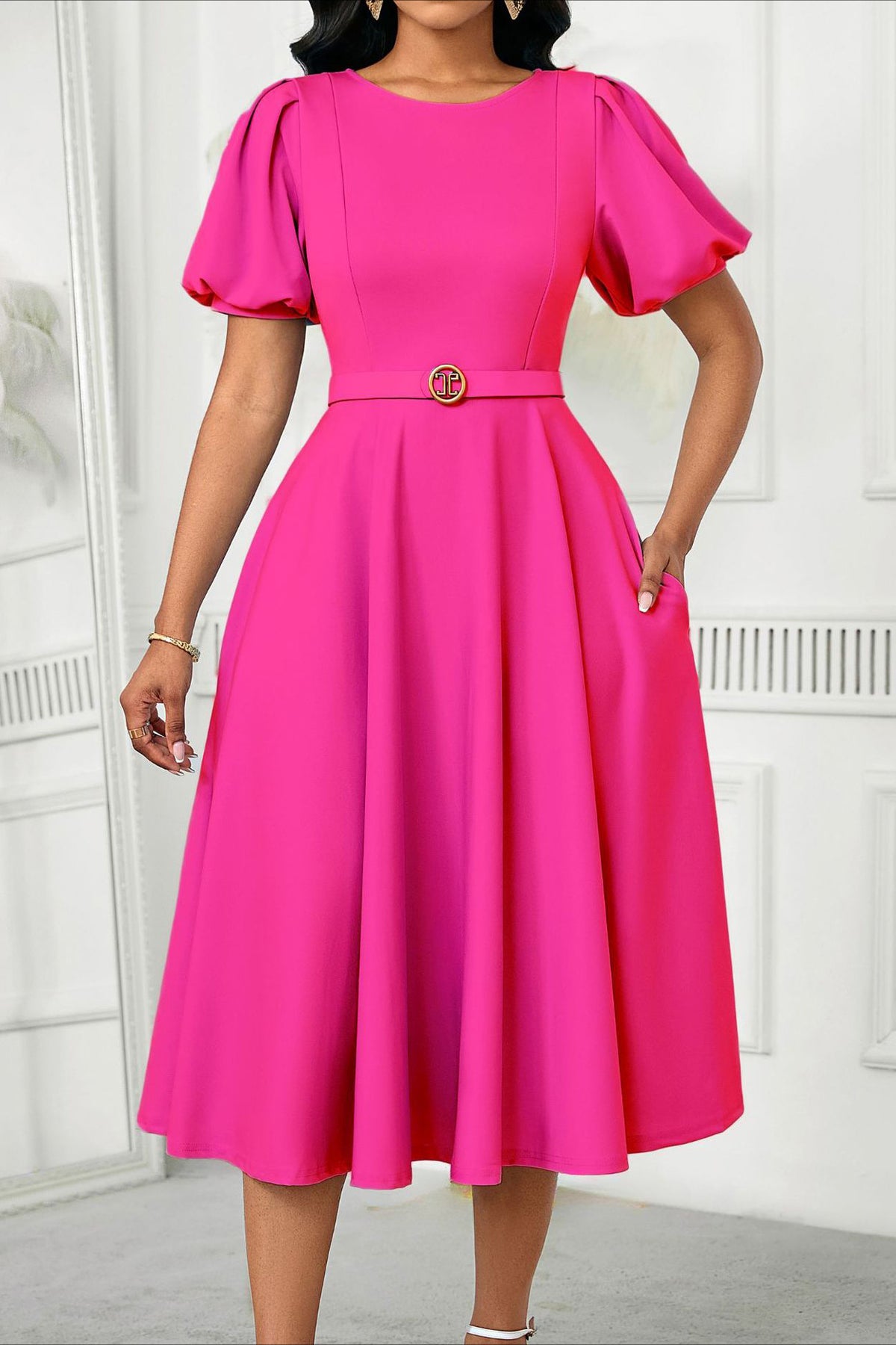 Puff Sleeve High Waist Solid Round Neck Dress