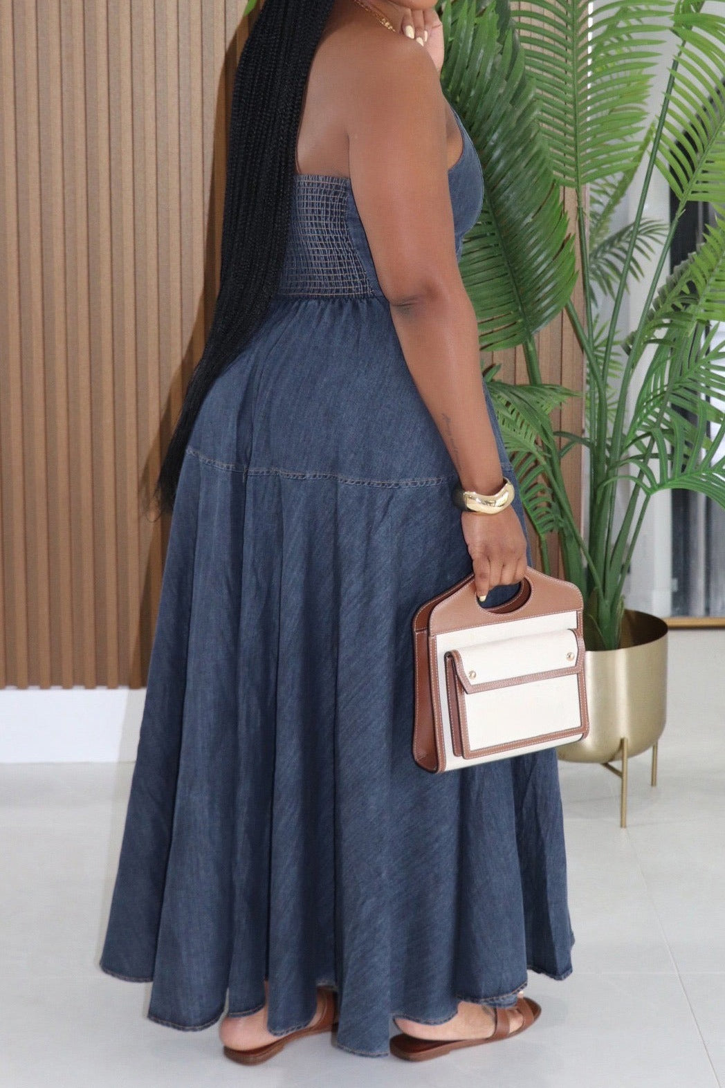 Halter Neck Tiered A-Line Denim Maxi Dress