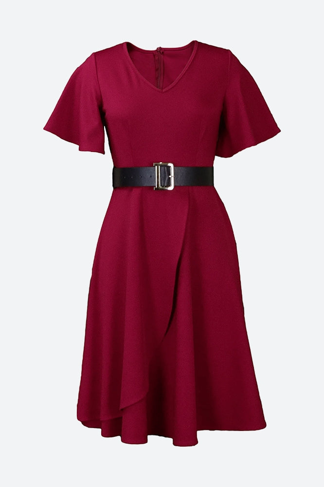 Bell Sleeve Solid Color Belt Dress