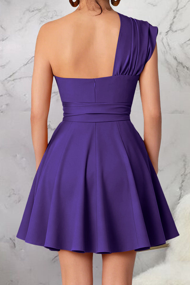 One-Shoulder Tie-Waist Pleated Mini Dress
