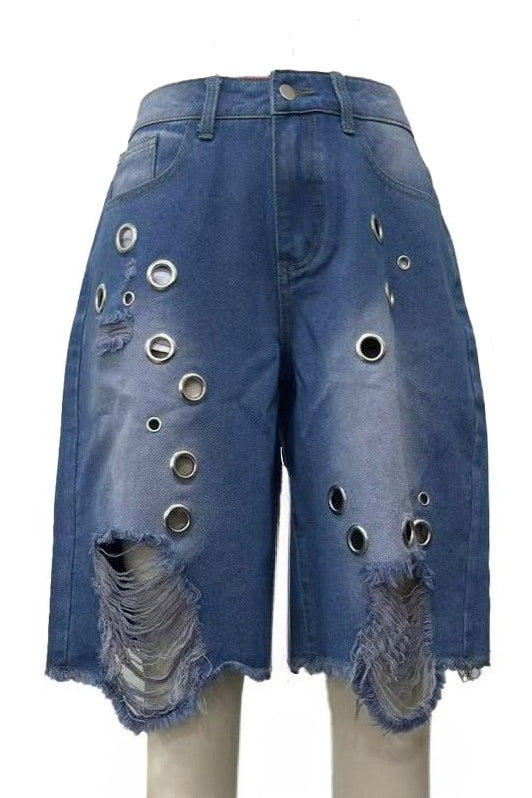 Distressed Eyelet Denim Shorts