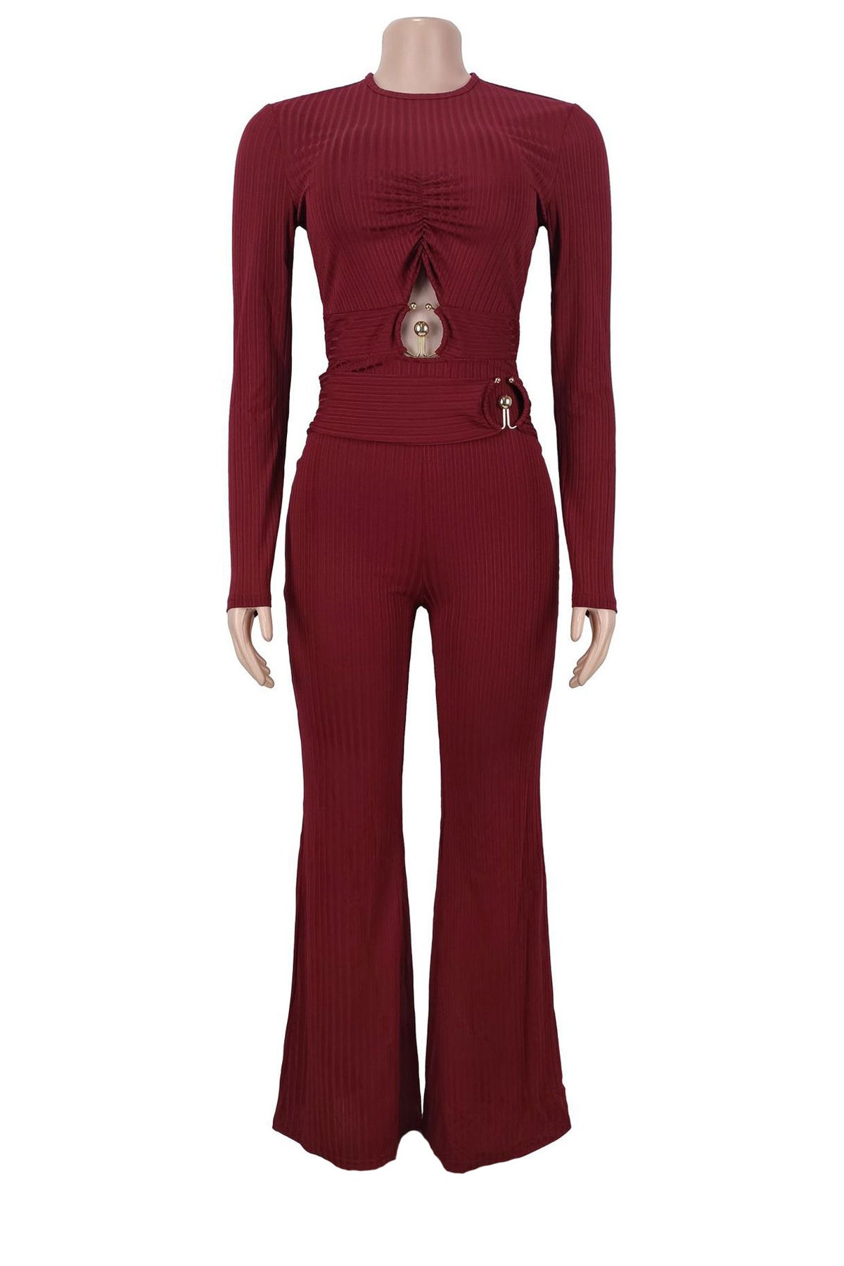 Ribbed Cutout Long-Sleeve Flared Jumpsuit