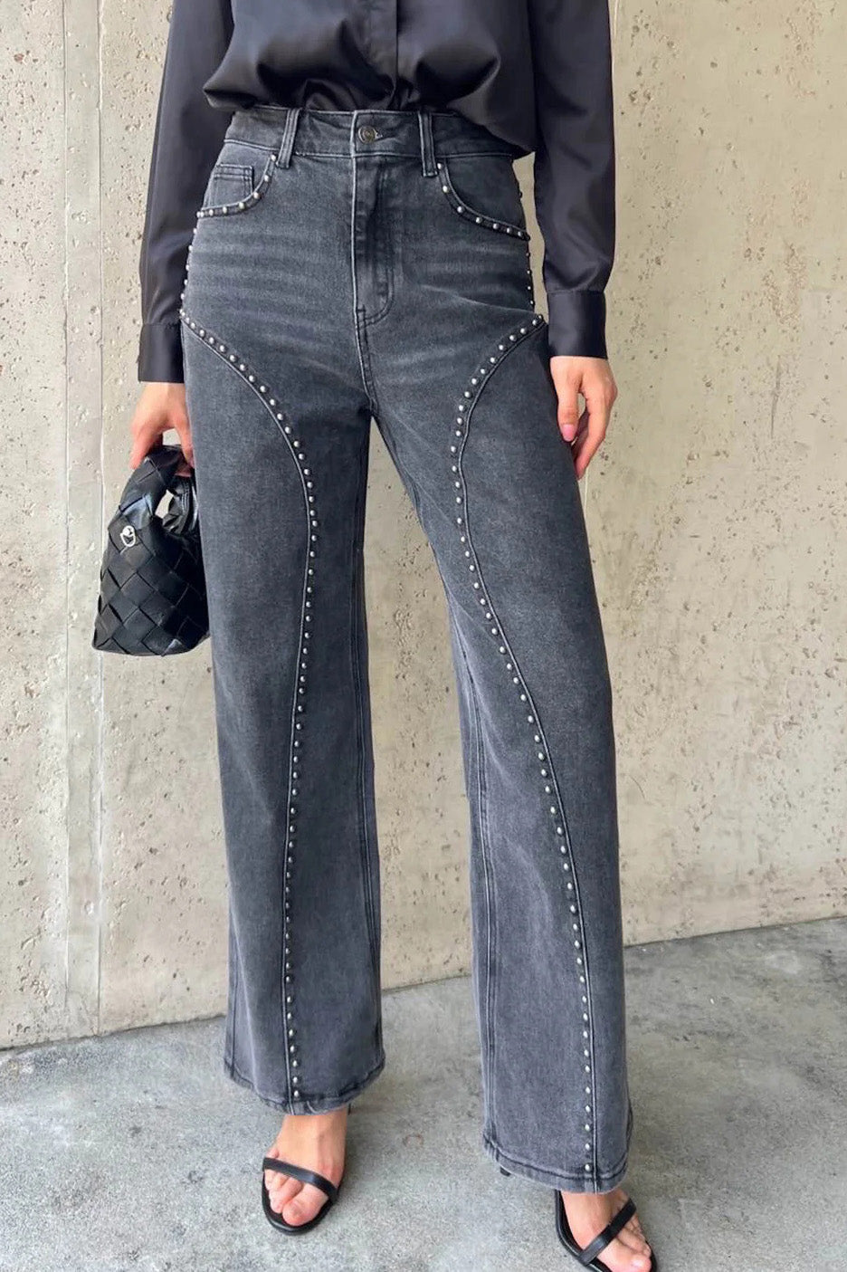 Studded Curved Seam High Waist Wide Leg Jeans