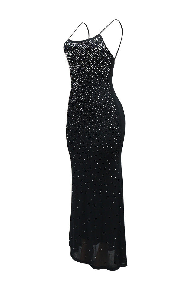 Rhinestone and Pearl Mesh Mermaid Maxi Dress