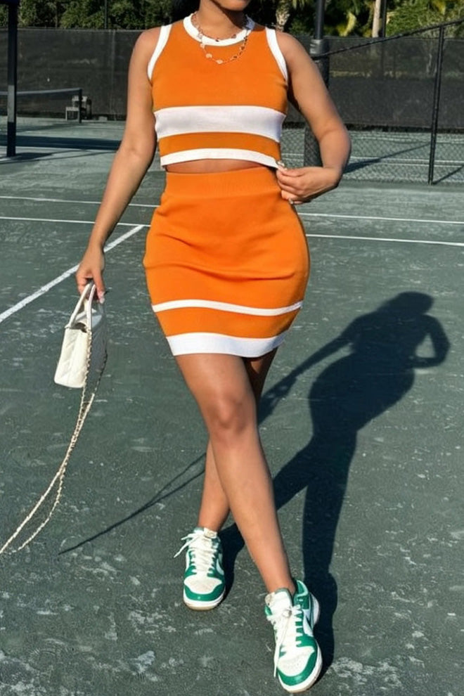 Ribbed Knit Colorblock Crop Top & Mini Skirt Set