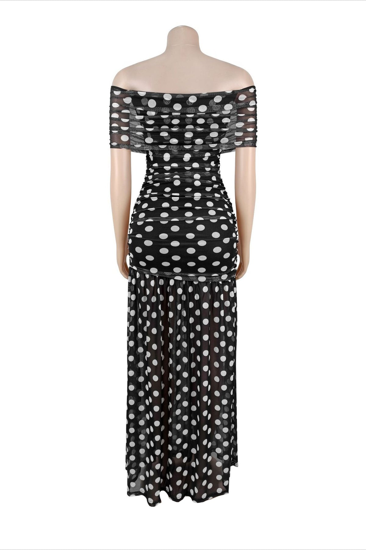 Off-Shoulder Polka Dot Ruched Maxi Dress