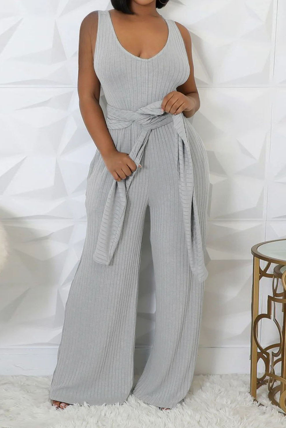 2-Piece Ribbed Knit Tank Jumpsuit & Cropped Top Set