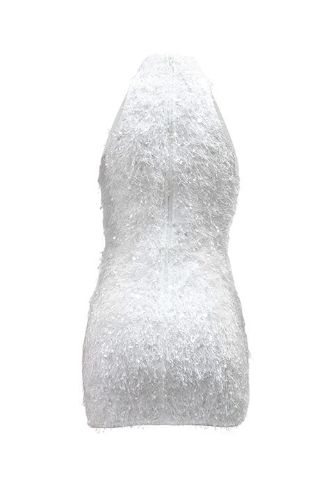Sequin Embellished Textured Halter Mini Dress