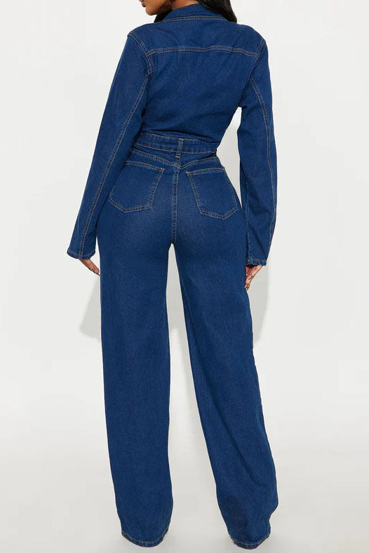 Stretch Flare Leg Long Sleeve Denim Jumpsuit