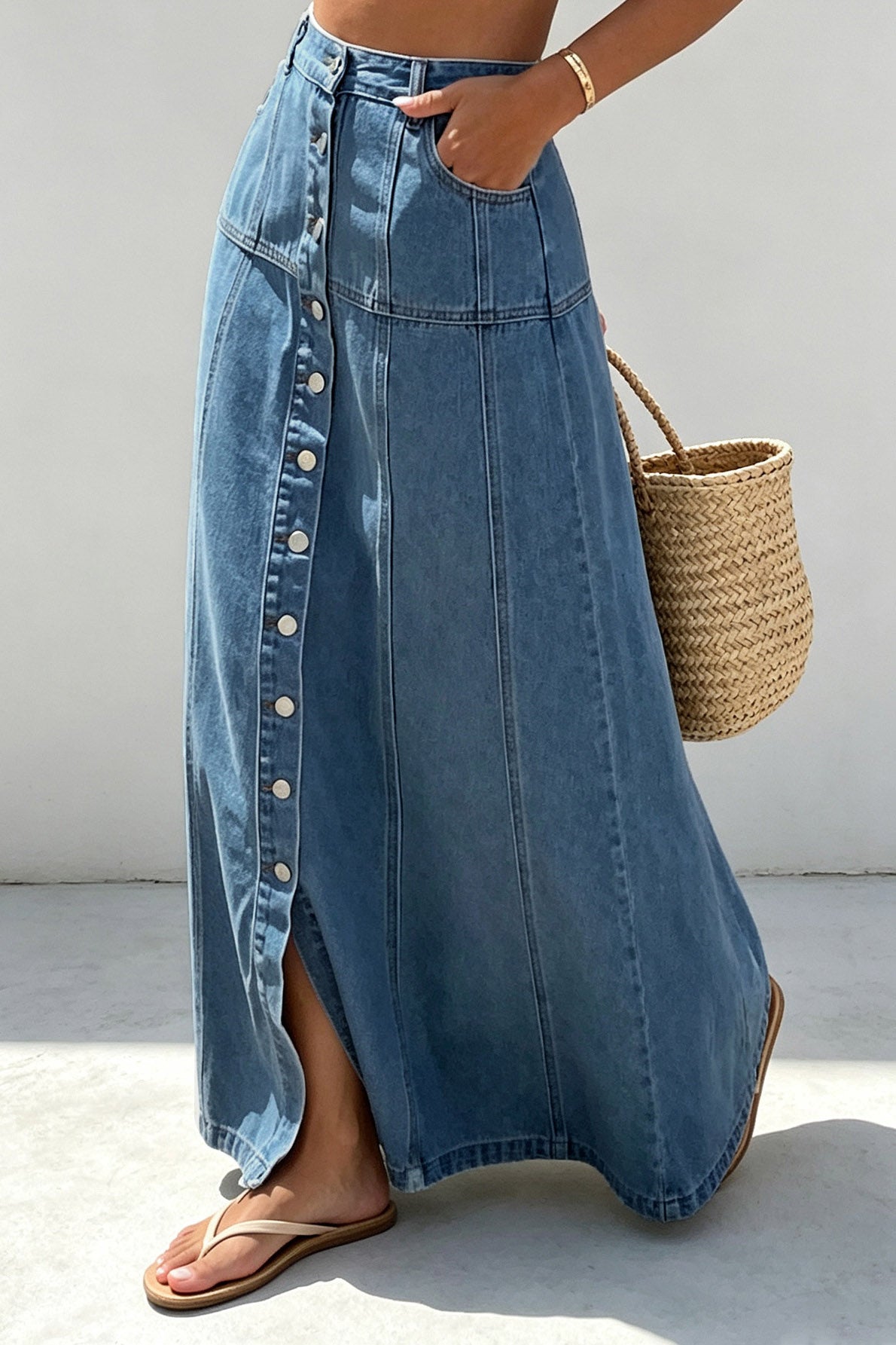 Button-Front A-Line Denim Maxi Skirt