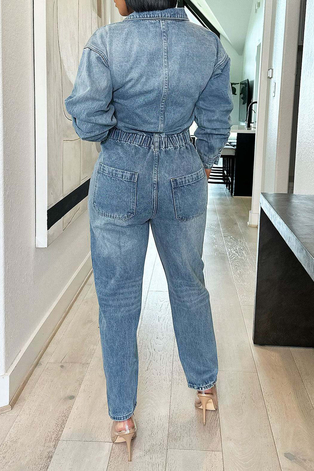 Long Sleeve Button Down Denim Utility Jumpsuit