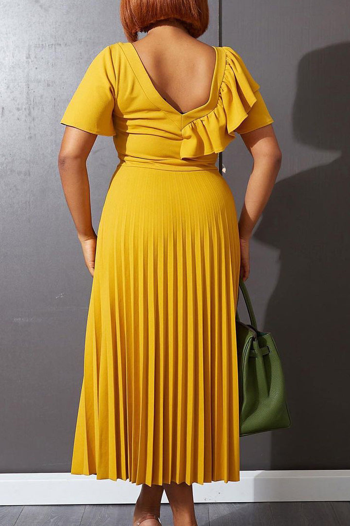 Pleated Flounce Sleeve Slim Fit Dress