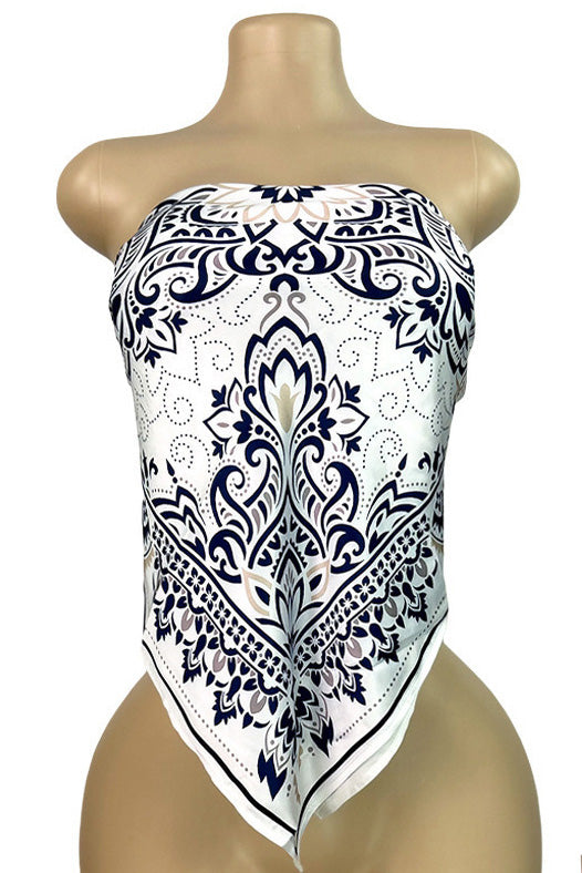 Printed Strapless Scarf Top with Tie Back