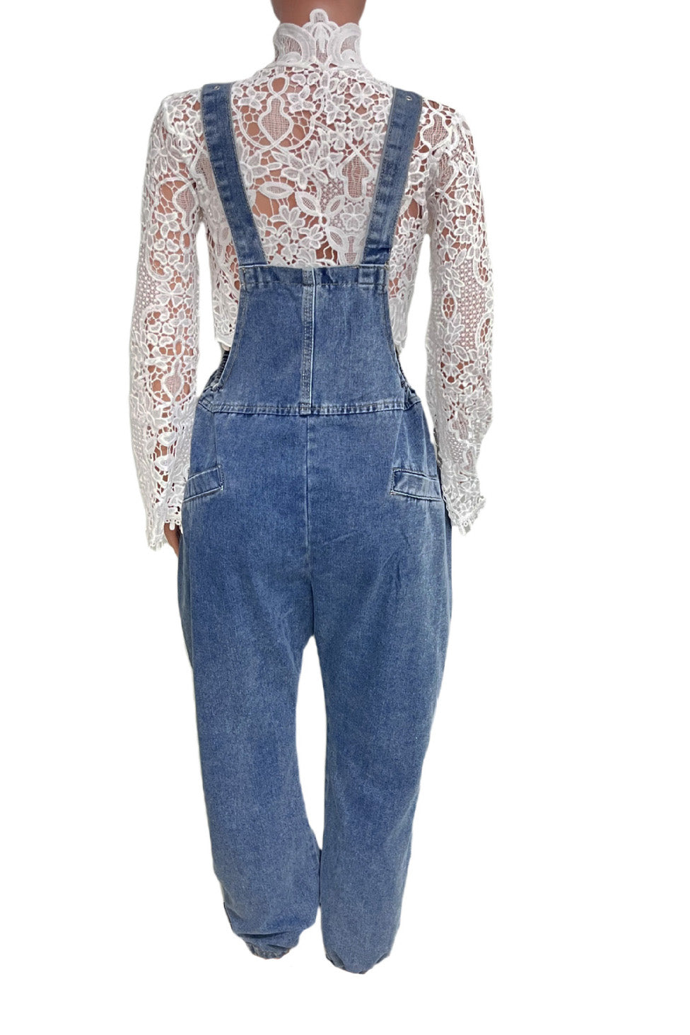 Denim Drawstring Wide Leg Overall Jumpsuit