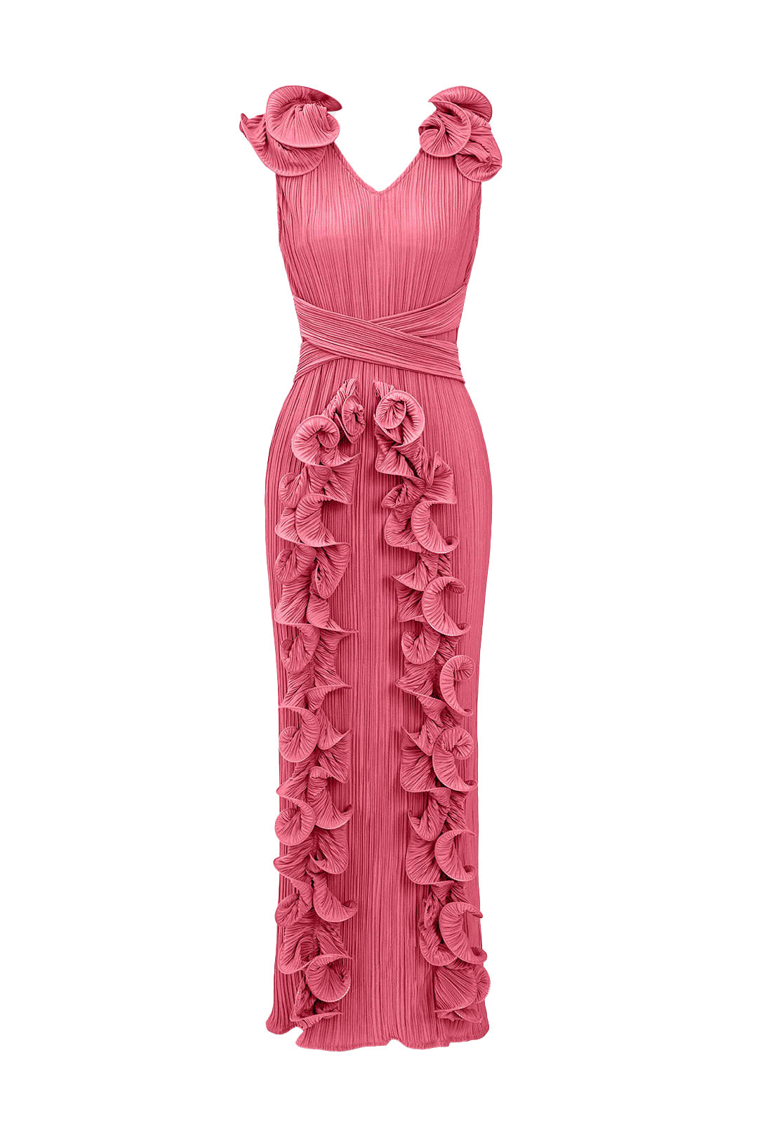 Ruffle 3D Floral V Neck Midi Dress