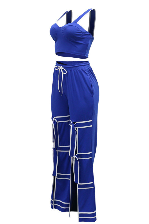 Stretch Sling Crop Vest Slit Wide Leg Pants Set