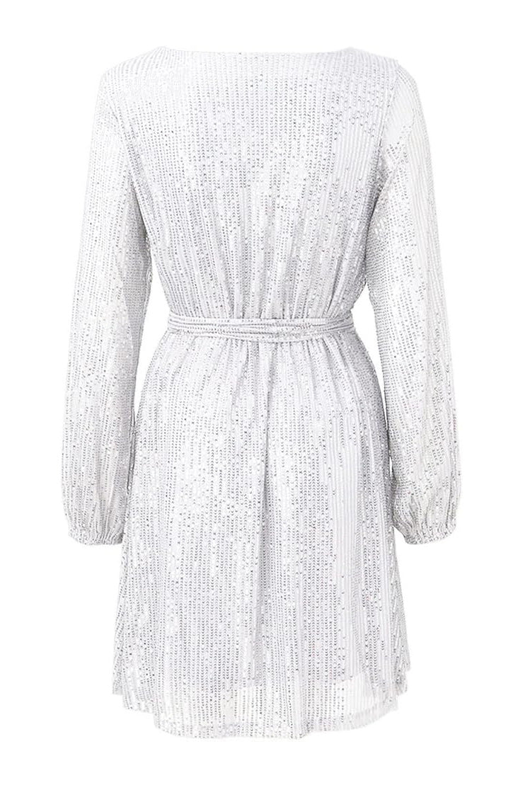 Sequin Tie Waist Long Sleeve Mini Dress