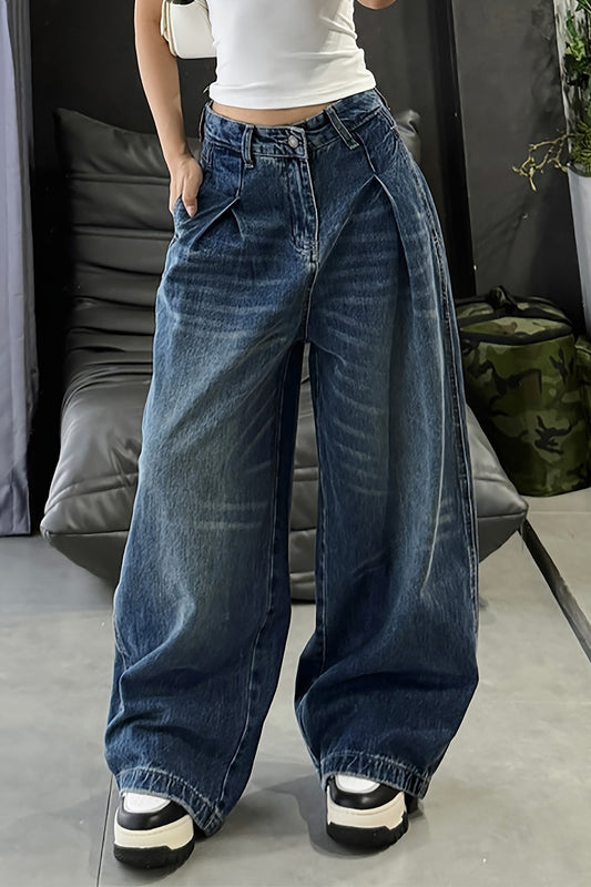 Plus Size Baggy Folded Wide Leg Jeans