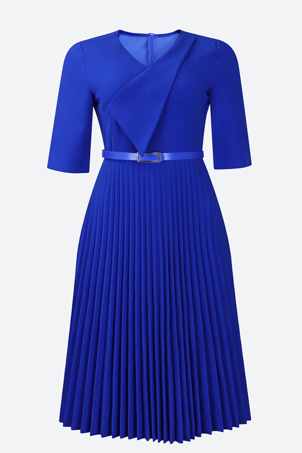 Solid Belted Pleated Dress