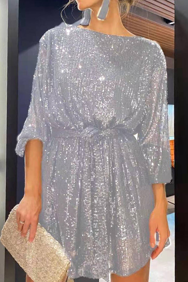 Sequin Tie Waist Long Sleeve Mini Dress