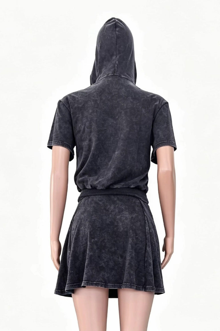 Mineral Wash Short Sleeve Hoodie & Skater Skirt Set