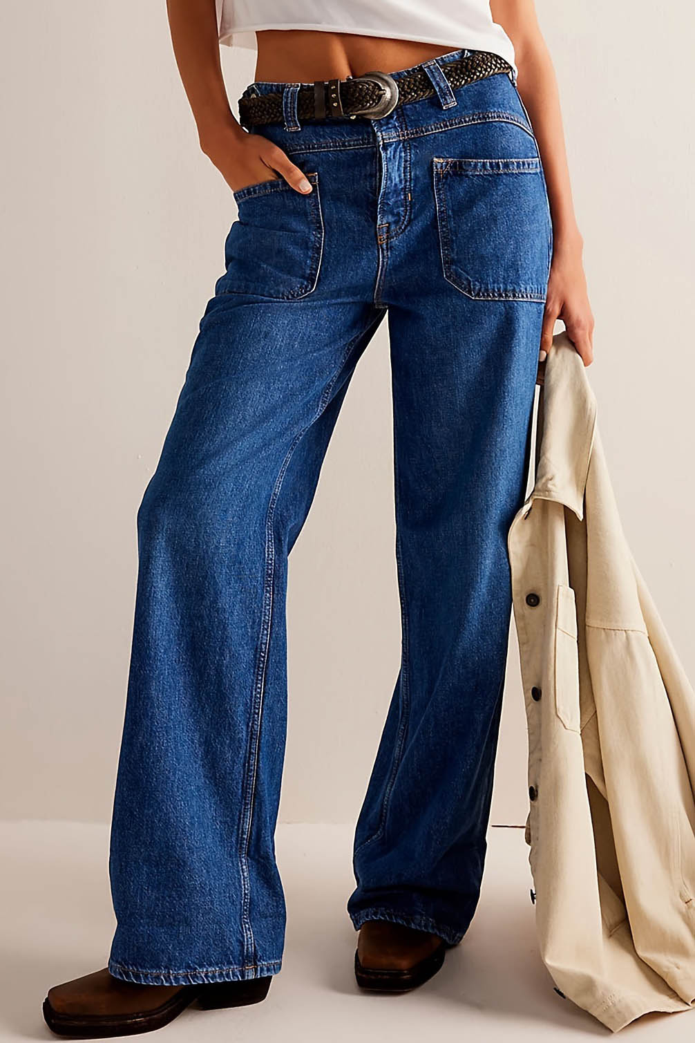 Washed Wide Leg Cuffed Jeans