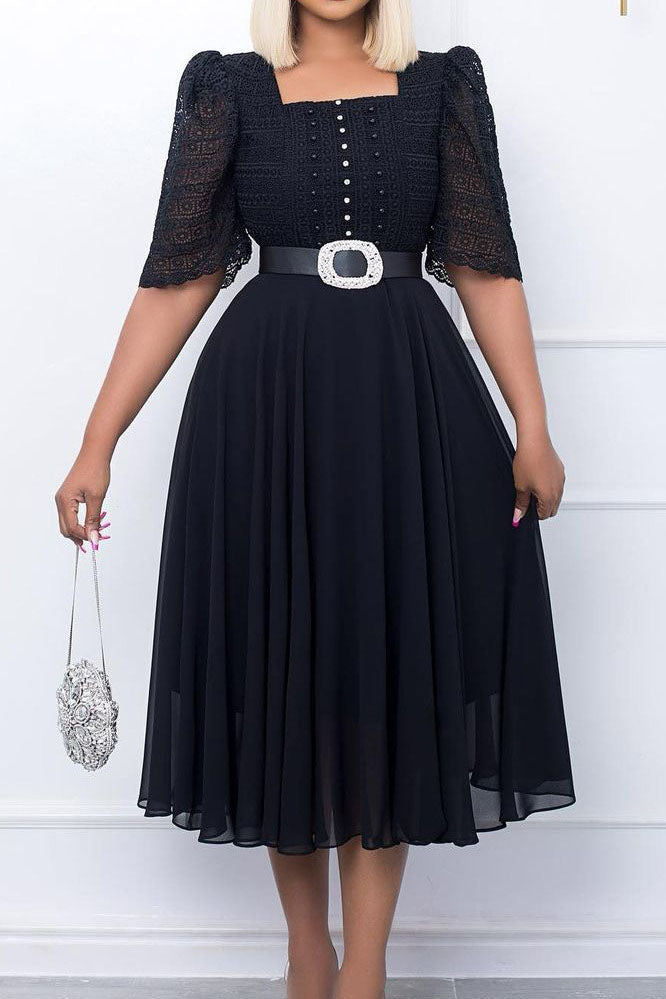 Square Neckline Lace Sleeve Midi Party Dress