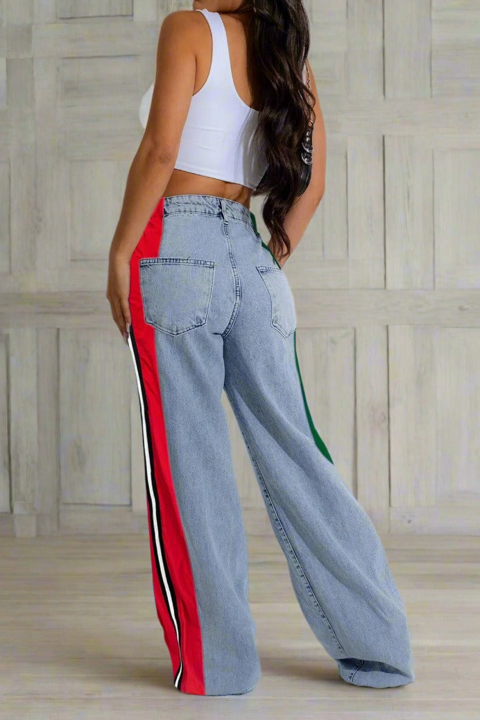 Wide Jeans with Wide Contrast Side Lines-Light Blue