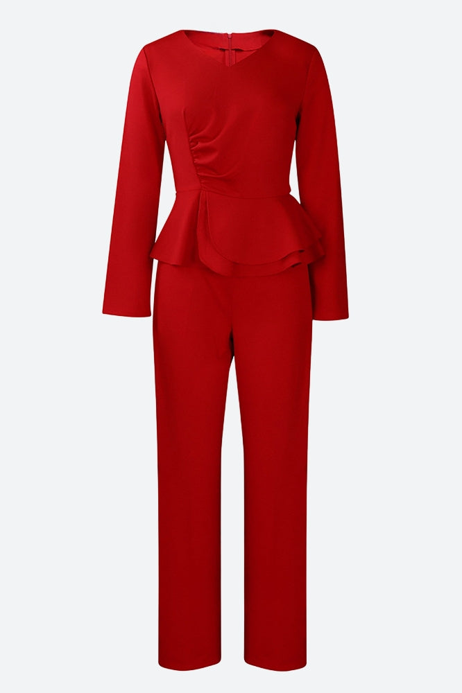 Solid Flounce V Neck Long Sleeve Sets