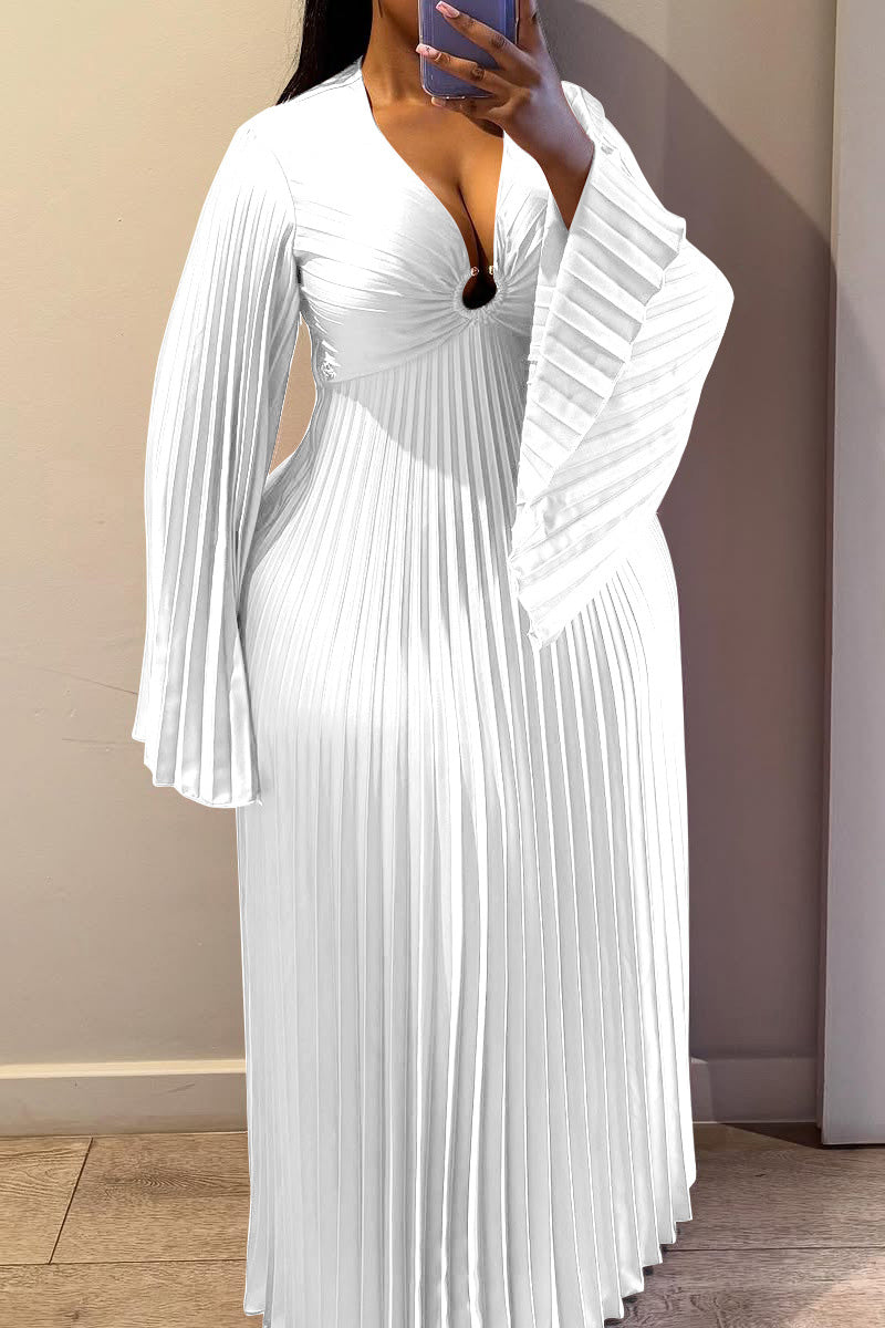 Plus Size V-Neck Pleated Flare Sleeve Maxi Dress