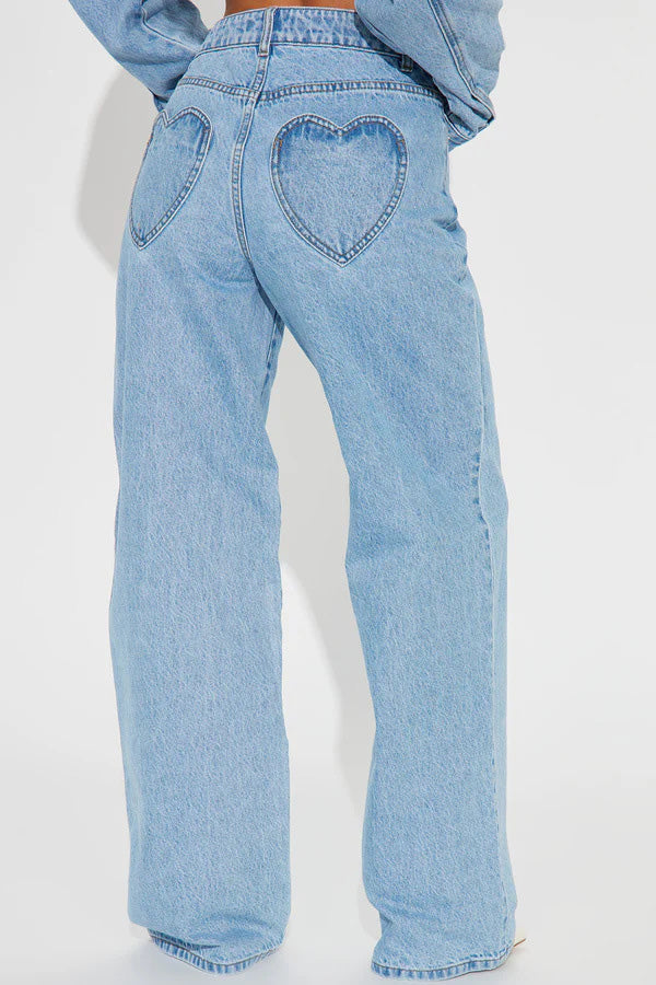 High Waist Heart Pocket Straight Leg Jeans