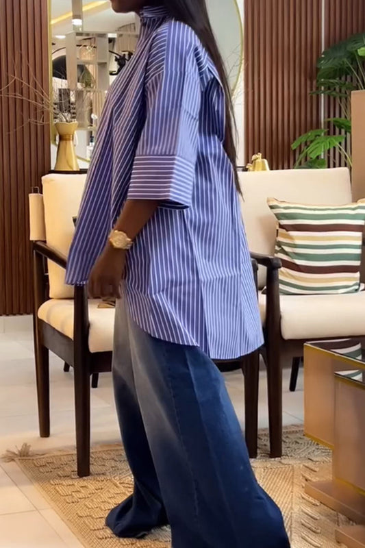 Blue Striped Loose Fit Long Sleeve Shirt