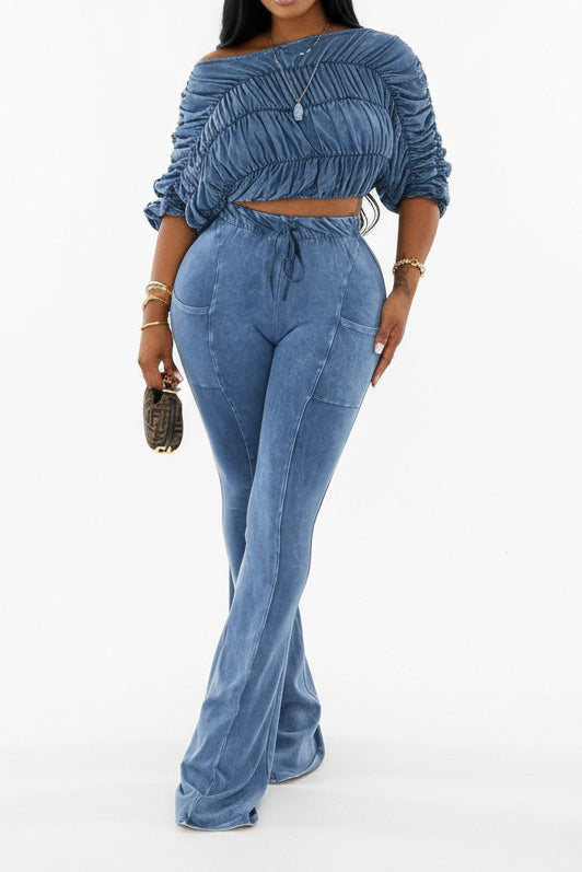 Ruched Crop Top and Lounge Pant Set