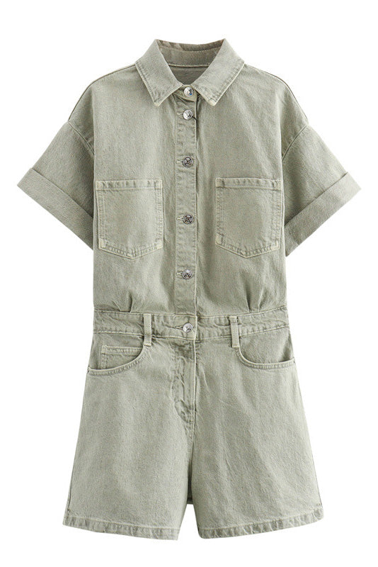 Denim Short Sleeve Romper with Pockets