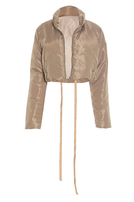 Solid Zip-Up Fitted Cotton Puffer Jacket