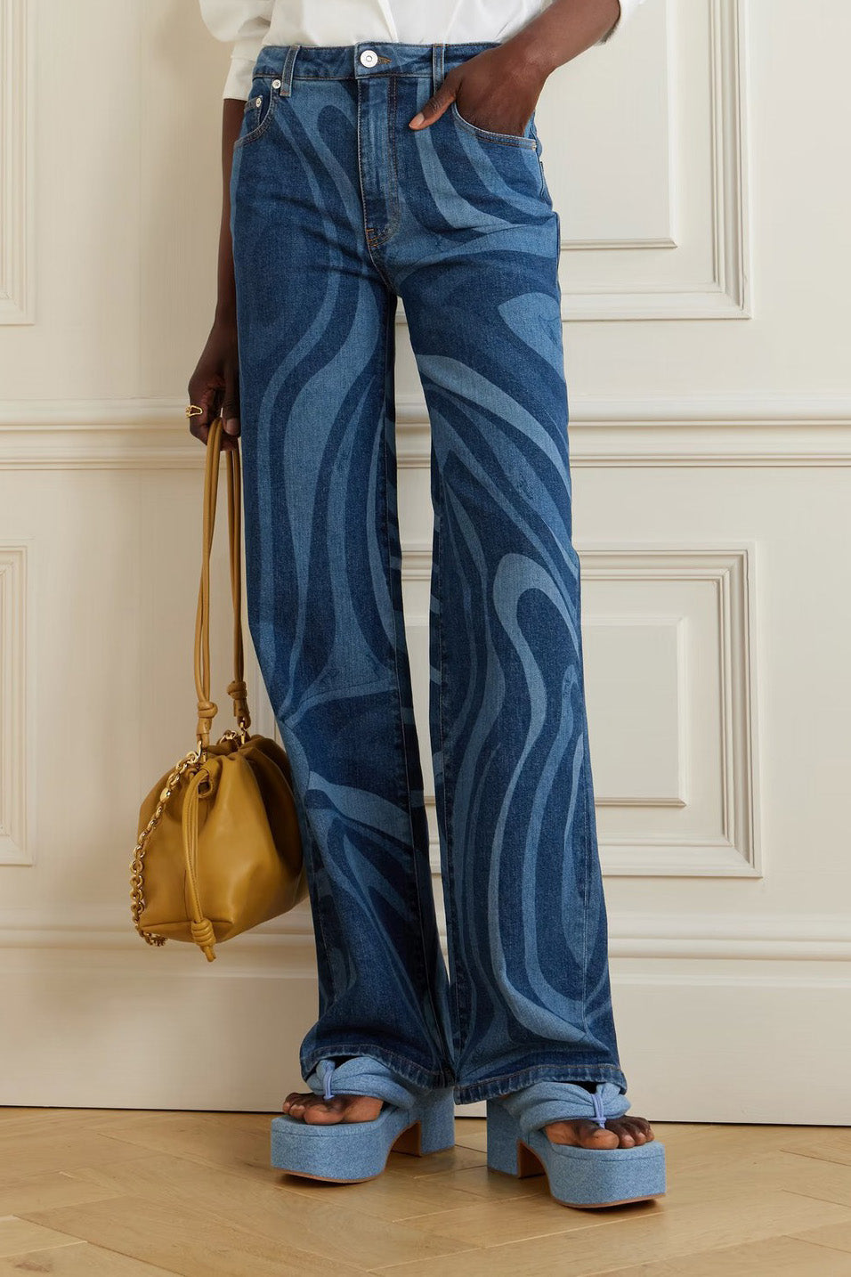 Wave Print Straight Leg Denim Jeans