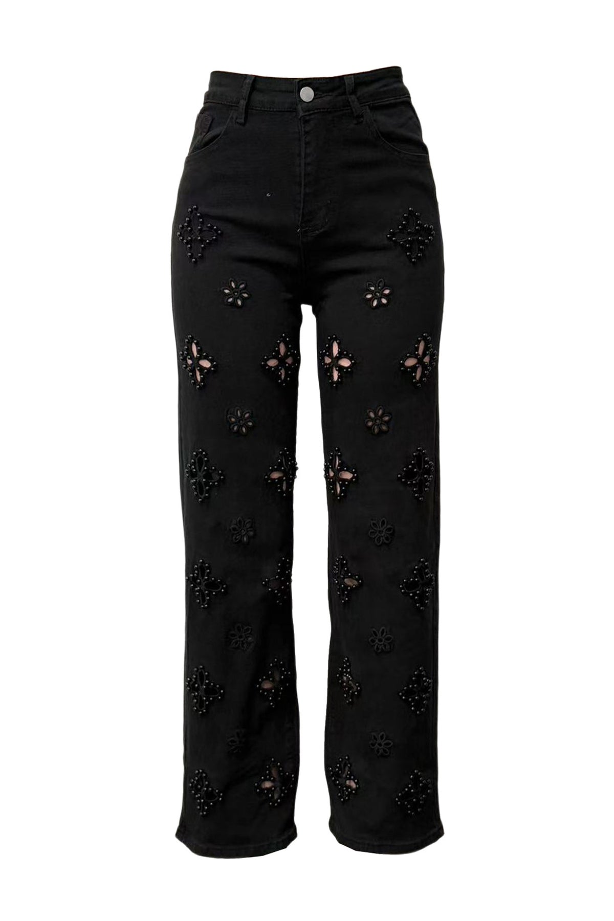 Pearl Embellished Floral Cutout Jeans